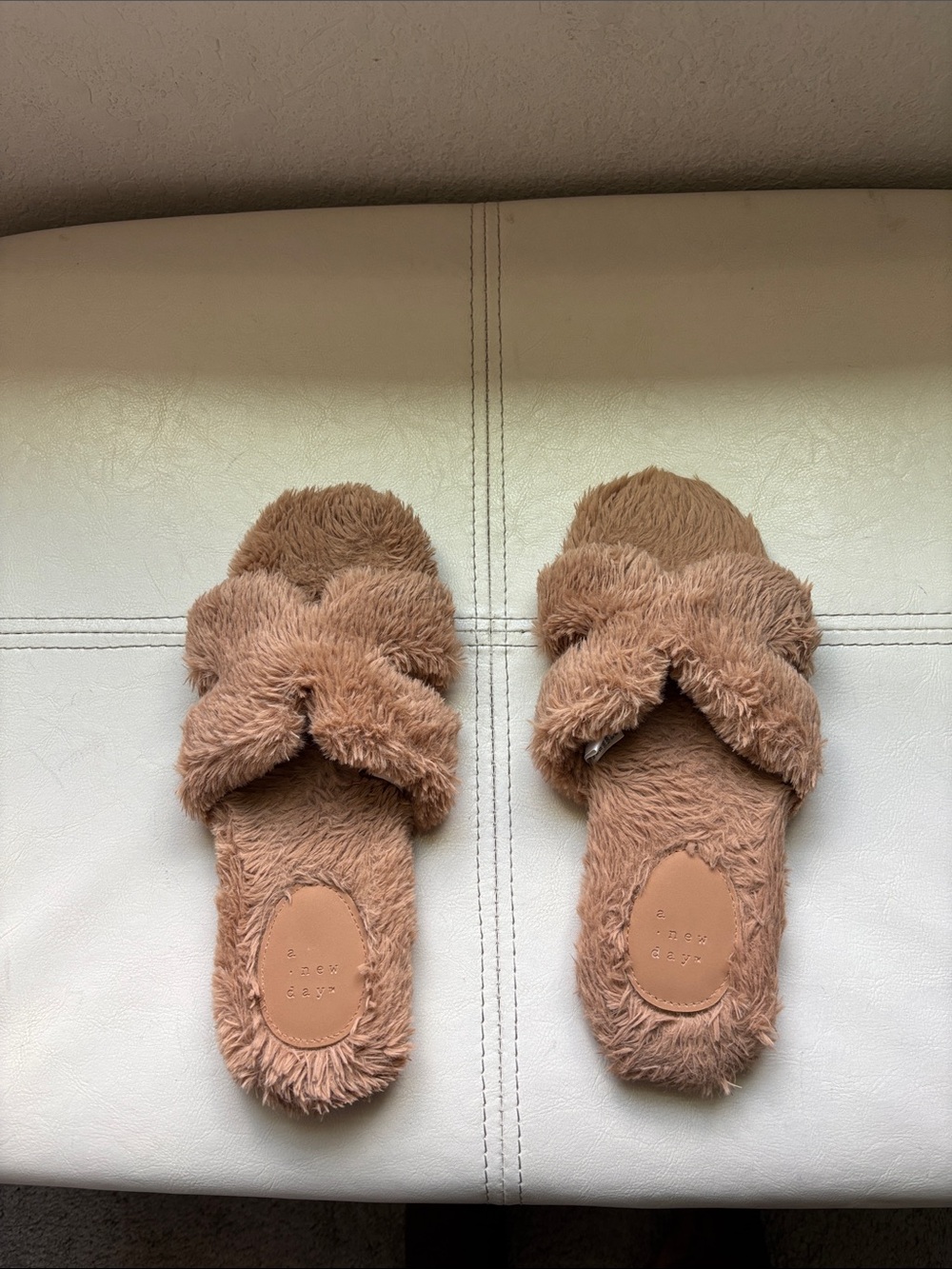 Plush Cross-Band Slide Slippers in Light Brown - Women